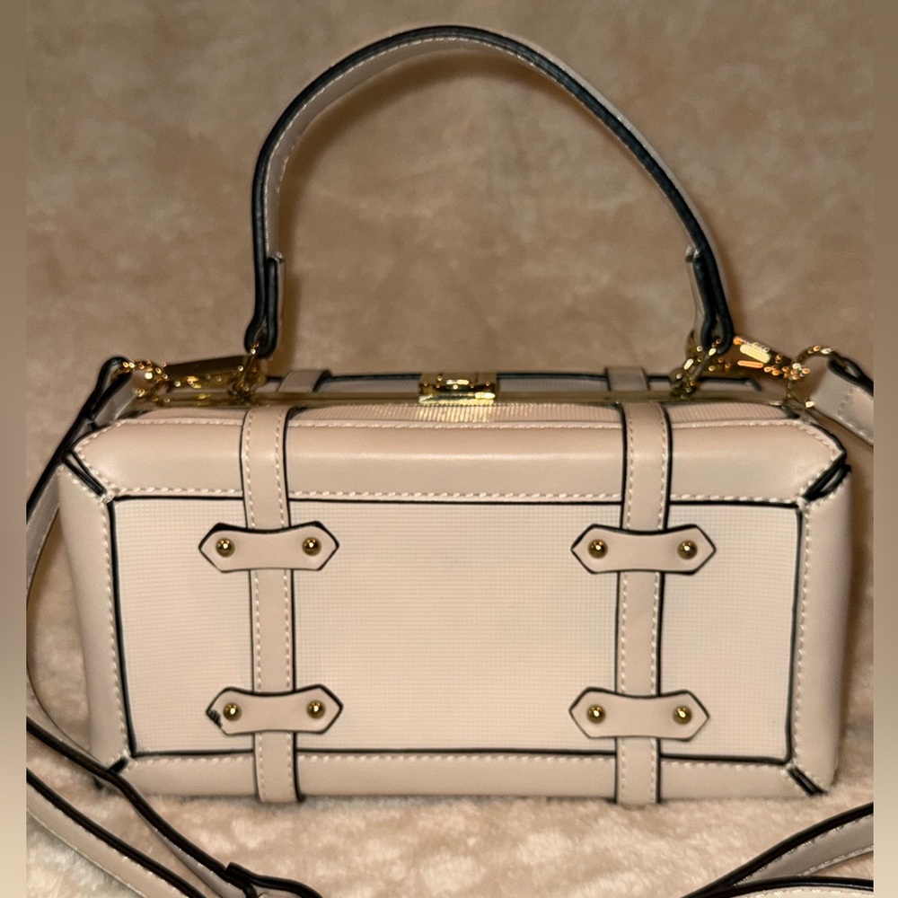 Structured Faux Leather Cream Mini Suitcase Trunk Buckle Crossbody Handle Bag - Picture 10 of 10